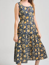 Load image into Gallery viewer, Thais Tiered Sleeveless Dress Navy Botanical
