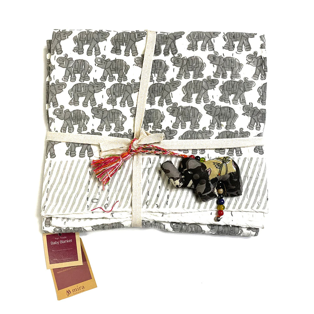 Block Printed Baby Kantha Quilt: Elephant