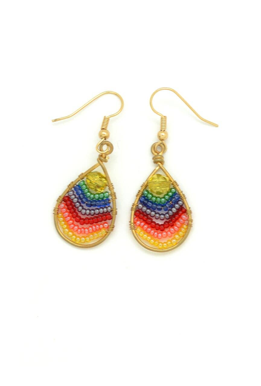 Beaded Rainbow Wire Teardrop Earrings