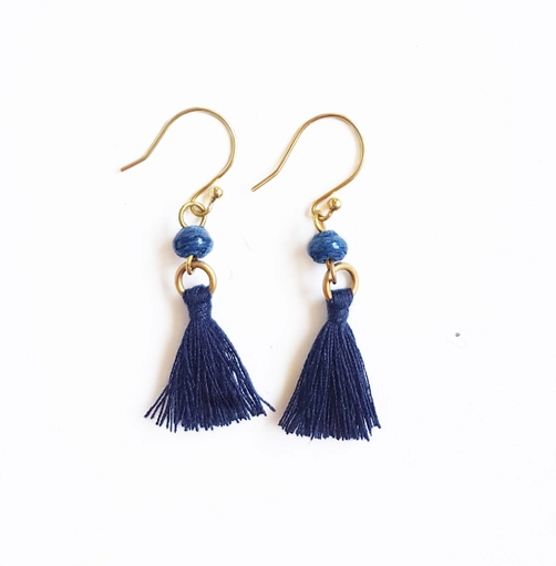 Blue Paper Bead Tassel Earrings