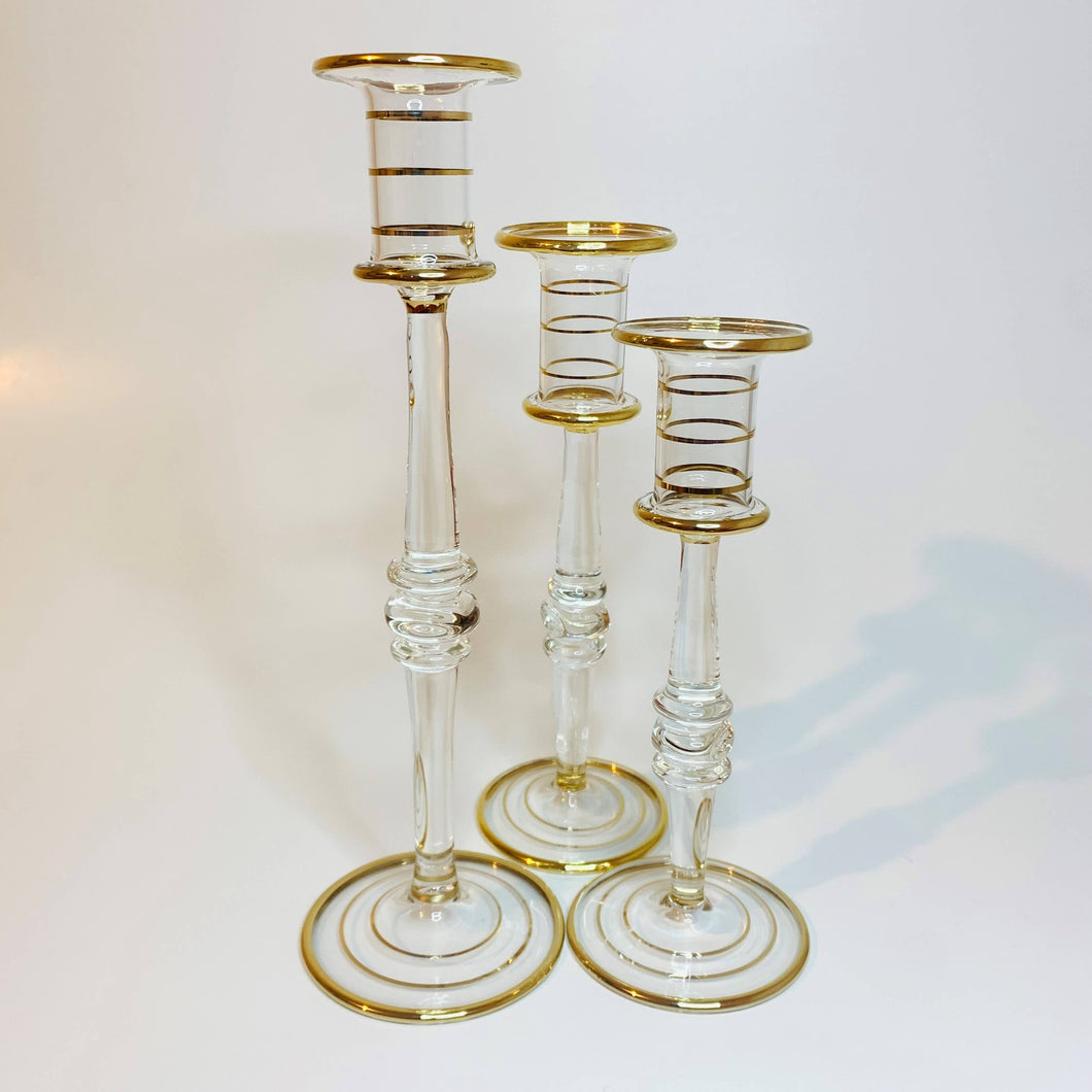 Gold Trim Long Stem Glass Candle Holder