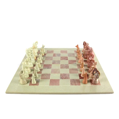 Hand-Carved Soapstone Chess Set with Safari Animal Pieces
