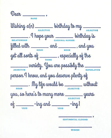 Mad Lib Birthday Card